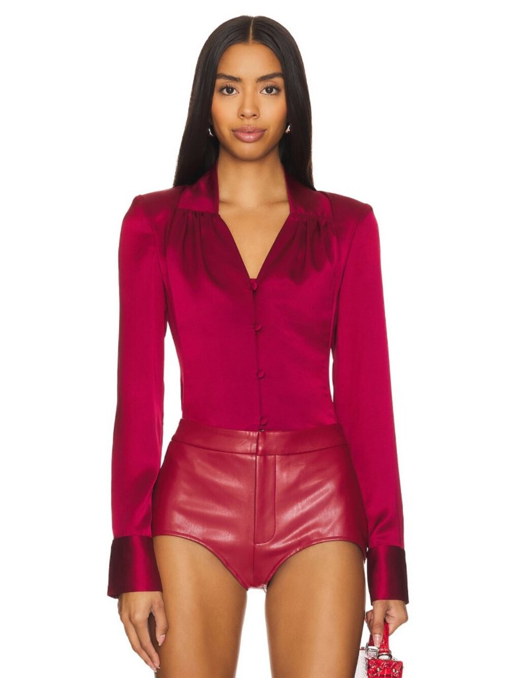 NEW Kim Shui Silk Blouse in Red Long Sleeve Collared Button Up Satin Dress Shirt